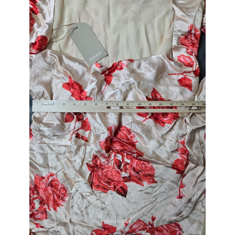 Meshki Women Dress Large Davina Satin Long Sleeve Mini Rose Print Ivory Red - Picture 8 of 12